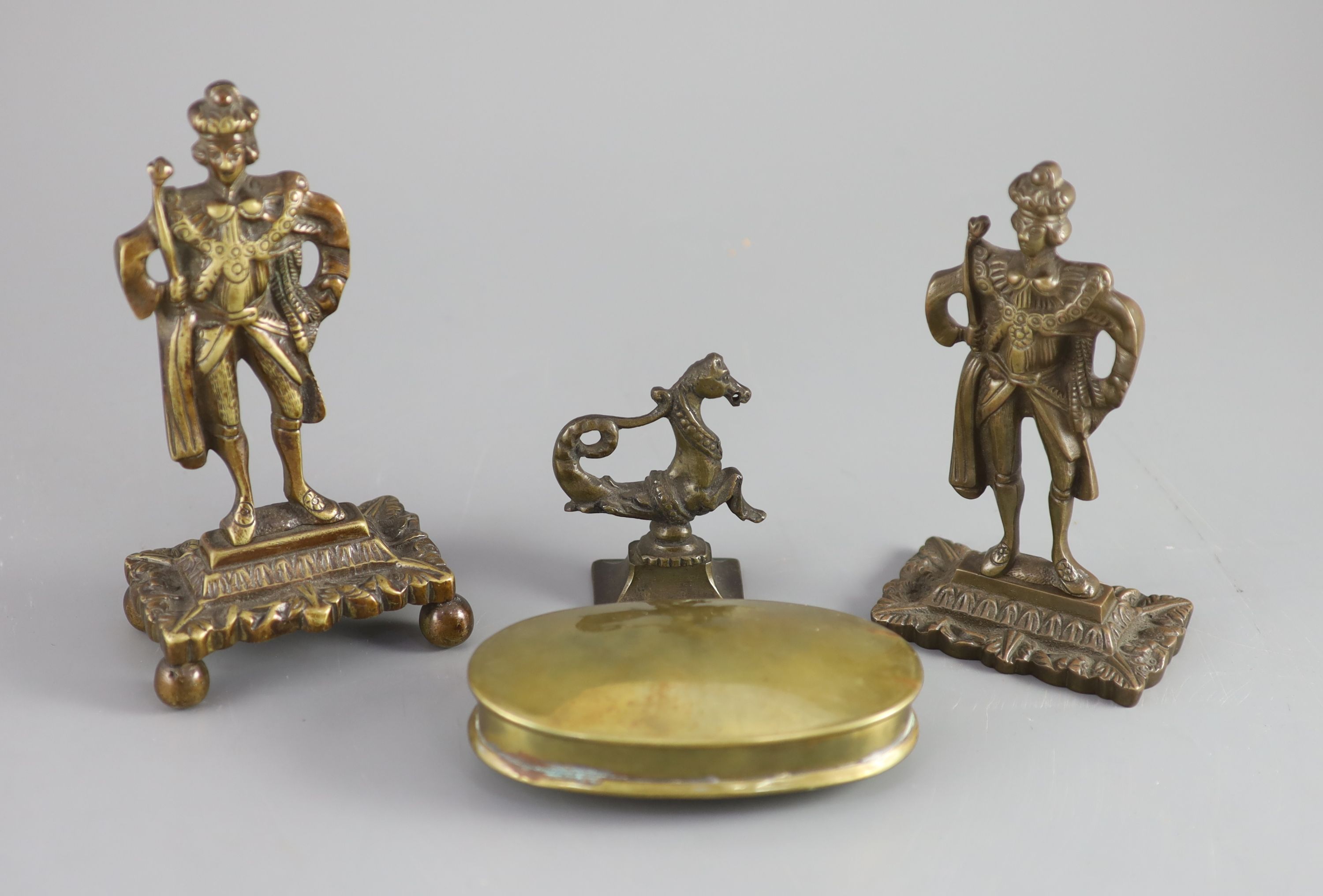 A near pair of William IV bronze figures of a monarch, a Venetian seahorse finial and a brass tobacco box.